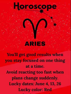 A red image with a black font containing the word 'Horoscope' at the top, the Aries symbol, and the word 'ARIES'. Below are specific predictions for June, with lucky dates and a lucky color listed with a red background and white stars.