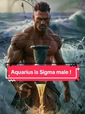 An artistic image of a muscular man, seemingly a depiction of a water deity or similar mythological figure, standing in front of a wavy water background. He holds an elaborate urn that is pouring a golden liquid. A text overlay reads: "Aquarius is Sigma male !"