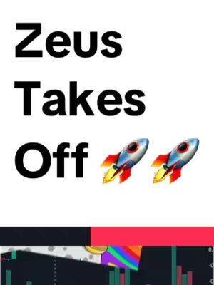 The cover image features a white background with large, black text that reads "Zeus Takes Off". Below the text are two rocket ship emojis with blue and silver bodies and red flames. The bottom of the image shows a partial view of a graph with green, red, yellow and purple bars indicating financial data.