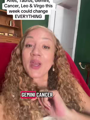 The cover image features a woman with long, curly hair. She is looking directly at the camera and speaking. Text overlays include astrological signs and phrases related to a new moon. The background is a simple indoor setting.