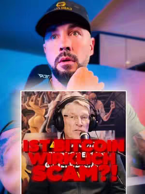 The cover image shows a man with a surprised expression in the foreground, and an overlay image showing another man with a microphone. The overlay has text that says 'Ist bitcoin wirklich Scam ?!'. The background is blurry and appears to be a brightly lit room.