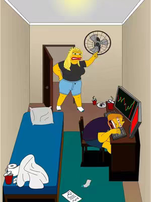 A cartoon depiction of a messy room with two figures in the style of The Simpsons. A woman with blonde hair and angry expression is pointing at a wall fan. A man is at a desk with a computer displaying a stock chart, looking stressed.