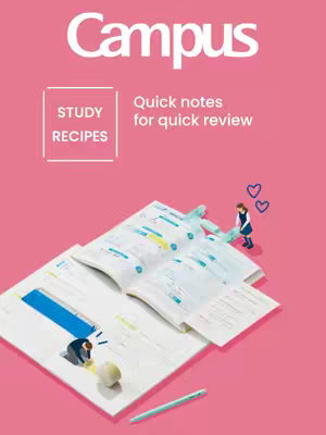 The cover image features a pink background with a large, white "Campus" logo at the top. Below, text outlined in white reads "Quick notes for quick review" beside a white framed section with the words "STUDY RECIPES". The main focus is on a book open on a surface with notes and drawings, with a pen lying beside it.