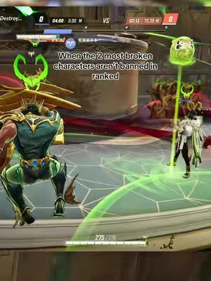 A dynamic in-game screenshot from a mobile game, displaying two characters mid-battle within a futuristic arena. The characters are stylized, the background is a blurred mix of neon colors, and a text overlay indicates the use of characters that are considered "broken" in the game.