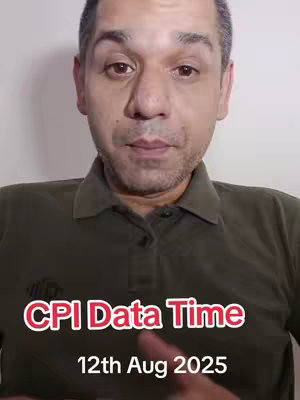 A man is centered in the frame, wearing a dark green polo shirt and looking directly at the camera, with a partially visible white wall as the backdrop. Over his image, red text reads 'CPI Data Time' with the date '12th Aug 2025' positioned beneath it.