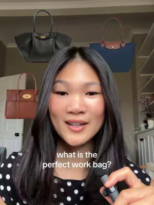 A woman with long black hair is holding a microphone and smiling at the camera. Behind her are three different style bags that appear to be presented as recommendations. Below her face in the image is the text "what is the perfect work bag?"