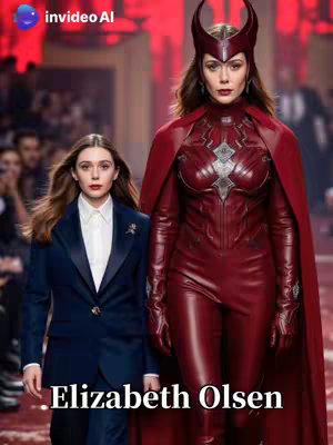 The cover image showcases Elizabeth Olsen in two distinct outfits, seemingly in an AI-generated fashion scene. On the left, she wears a navy suit with a white shirt. On the right, she is dressed as Scarlet Witch with a maroon costume and headpiece. Background subtly features out-of-focus audience creating an environment of a catwalk event. In the top left corner, there is an Invideo AI logo.