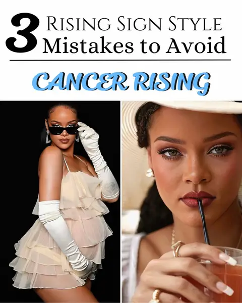 The image is a split composition showcasing two portraits of a woman, presumably the same person. The left side features the woman in a frilly, cream-colored dress with white gloves, holding sunglasses with an obscured background. The right side shows her face close up, with a neutral expression, in a composed setting.