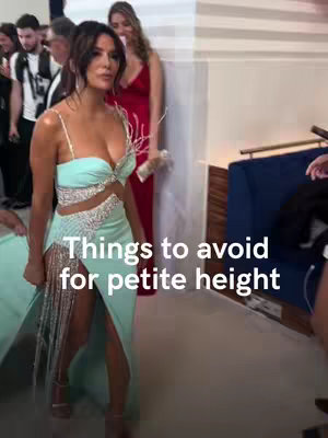 A woman in a turquoise dress with fringe is the main subject. Text overlay reads, “Things to avoid for petite height.” Other people are vaguely in the background.