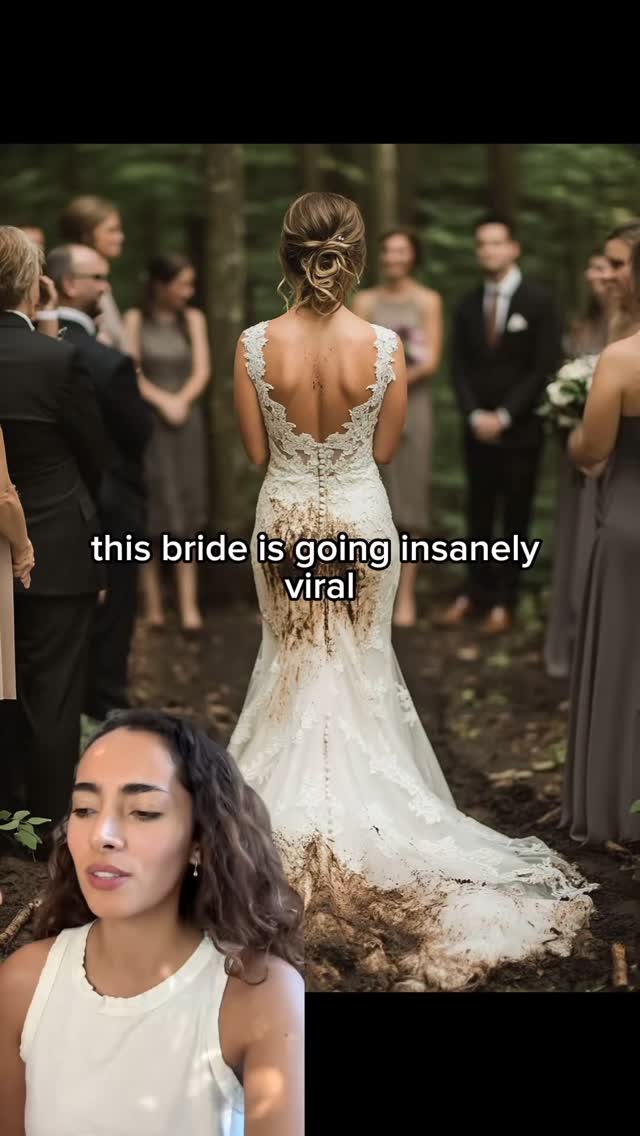 The cover image features a woman with long brown curly hair talking to the camera in the bottom left corner. Behind her to the right is a blurred image of a wedding taking place outdoors. The bride is the focal point, wearing a long white wedding dress with a detailed lace design, marred by dirt on the skirt. Text overlaid on the image reads: "this bride is going insanely viral".