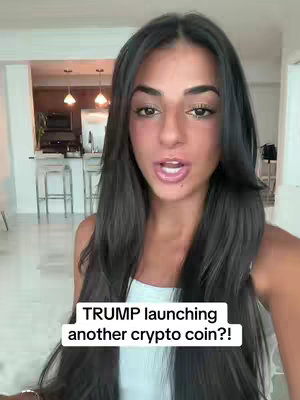 A woman with long dark hair stands in a well-lit room, looking directly at the camera. Below her, a text overlay states "TRUMP launching another crypto coin?!"