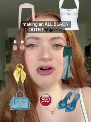 The cover image features a close-up of a young woman with red hair, centered in the frame. She is surrounded by digitally added images of clothing items and accessories, including a pink jacket, white top, pink earrings, yellow scarf, blue purse, green pants, and blue heels. Text is overlaid at the top of the image. The background is a blurred interior setting.