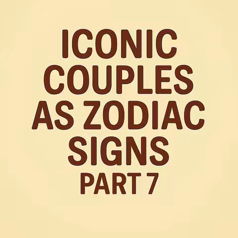 The image is a square graphic with a light beige background. Centered on the frame is the overlaid text arranged in multiple lines, starting with the word 'ICONIC' at the top, followed by 'COUPLES', 'AS ZODIAC', 'SIGNS', and ending with 'PART 7'. All the text is set in a bold, brown font. The overall aesthetic of the image is simple and direct, focusing on the text to convey the intended subject matter.