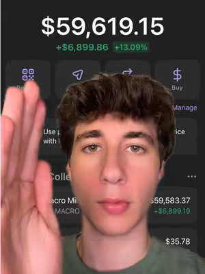 A selfie-style shot featuring a young man with short brown hair, positioned in front of a dark app interface showing financial data. The image is dominated by his face, with his right hand raised in a gesture towards the top left. The app interface in the background displays financial figures: '$59,619.15' at the top and other data, suggesting a focus on crypto or financial gains