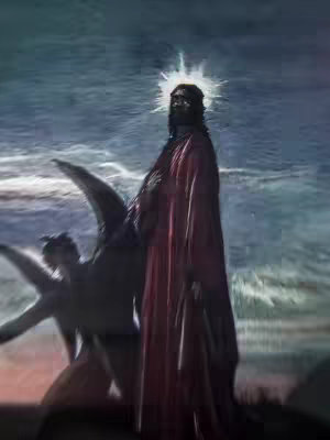 An artistic image depicting a figure resembling Jesus, dressed in a long red robe, with a halo around his head. A blurred figure is kneeling near the main figure. The background features a dark, textured sky with hints of blue and gray, enhancing the solemn and spiritual atmosphere.