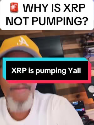 The cover image shows a person on a video call with a banner that reads "WHY IS XRP NOT PUMPING?" The image is in the form of a vertical video, and the person appears to be in a home office arrangement. A second banner is displayed at the bottom of the image that states "XRP is pumping Yall". The person is wearing a yellow hat and a white t-shirt.