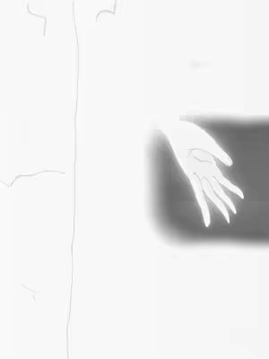 An anime-style drawing with a simple composition. The background is a gradient of white, transitioning to a dark gray on the right. In the foreground, the side of a white, translucent figure is visible on the left against the lighter backdrop. A grayscale hand, seemingly reaching out, is positioned in the gray area. Its fingers are slightly curved, and the style is minimal and gentle.