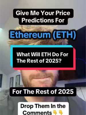 The cover image features a man in the center, framed from the chest up, with a focus on his face. The background is slightly blurred, suggesting a room with possibly framed pictures or artwork on the wall. Overlayed on the image behind his head are the words 'Give Me Your Price Predictions For' above and 'Ethereum (ETH)' in highlighted bold font. In the middle of the image is a large rectangle with the text, 'What Will ETH Do For The Rest of 2025?' and at the bottom there is another rectangle with the text 'Drop Them In the Comments'. The overall composition utilizes text overlays to pose a question related to Ethereum's future.