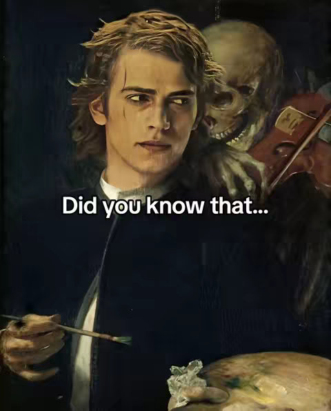 A painterly image depicts a young man with light brown hair looking slightly off-camera. He is dressed in a dark jacket and white shirt. Behind him is a skeletal figure playing a violin. The text overlay at the bottom of the image reads: 'Did you know that...'