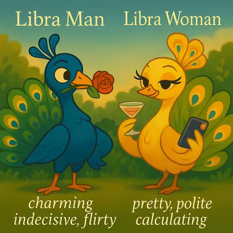 An illustrated image featuring two stylized peacock characters representing a Libra man and woman. The Libra man is a blue peacock holding a red rose in his beak, while the Libra woman, colored yellow, holds a cocktail and a smartphone. Text labels below the characters describe their personalities: the man as charming, indecisive, and flirty; the woman as pretty, polite, and calculating. The background consists of a soft green landscape with trees and a light sky.