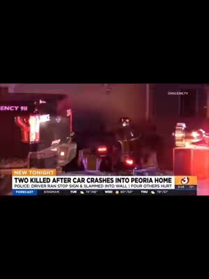 A news report cover image showing a car crashed into a building, with emergency lights flashing. Text overlays indicate the news source and headline about the event.