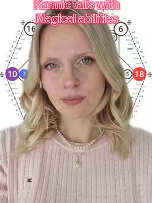 A portrait of a woman with blonde hair, light pink sweater, and a pearl necklace. The background includes a chart with symbols and numbers, with text overlaid on top.