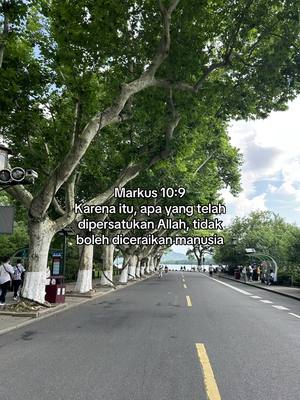A photo shows a wide road flanked by large trees with green foliage. The road has yellow lane markings, and there are pedestrians walking on both sides. Text is overlaid on the image, quoting a bible verse.