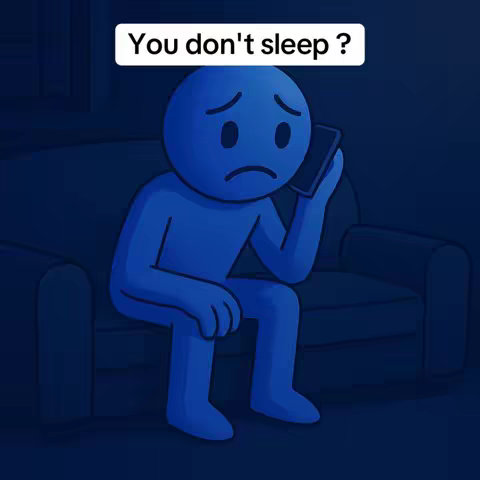 A blue stick figure with an anxious expression sits on a blue couch, holding a smartphone to their ear. Above them, overlapping the top, is a white rectangle with black text.