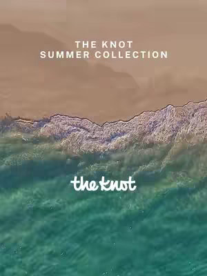 An aerial view captures a beach scene with the 'Summer Collection' text overlayed. The image is divided, with a tan beach area at the top and turquoise water at the bottom. Waves carve a white border between the two, with 'the knot' in white script in the bottom third.