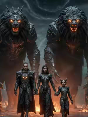An AI-generated fantasy scene features a family of three walking towards the viewer, framed by two giant, wolf-like creatures with glowing red eyes. The family consists of a man, woman, and child, all clad in dark armor and carrying themselves with a sense of determination. The background is a dramatic sky with dark clouds, adding to the ominous mood of the image.