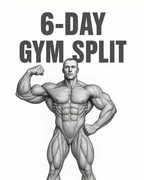 An illustration of a muscular man in a flexing pose, showcasing detailed muscle definition and an anatomical view. Above the figure, the text "6-DAY GYM SPLIT" is displayed in a bold, dark font against a white background. The man is the central focus, emphasizing fitness and workout routines.