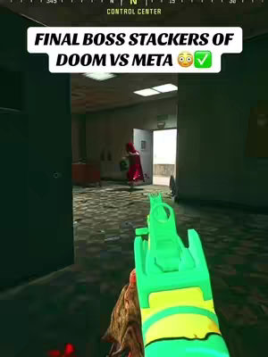 The cover image is a first-person perspective from a video game. A green weapon is in the foreground, taking up much of the lower portion of the frame. The background shows an interior scene with a door open at the end of a hallway where a character is visible. A text overlay at the top reads "FINAL BOSS STACKERS OF DOOM VS META" in a bold, white font, with an emoji and a checkmark.