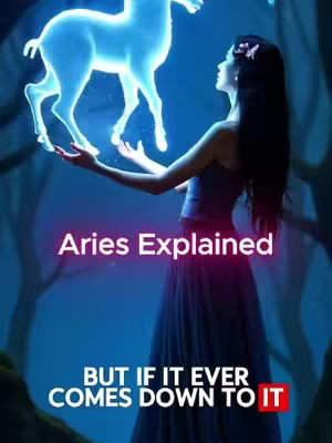 A mystical image featuring a woman in a flowing gown, holding up a luminous, blue-white deer against a blurred, blue background that has tree branches. The words 'Aries Explained' are displayed along the bottom text also.
