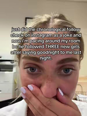 The cover image shows a close-up of a woman's face, with a hand covering her mouth in a gesture of shock or surprise. The background is blurred, but some office-like elements are visible, along with text overlaid across the image narrating an Instagram-related experience.