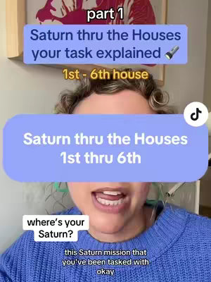 The image is a vertical video frame featuring a person speaking directly to the camera, with overlaid text graphics. The person, who appears to be a woman with curly hair, is in the lower one-third of the frame, and is wearing a blue sweater. A large light blue rectangle covers her forehead with the words: 'Saturn thru the Houses 1st thru 6th'. On the top side of the frame other text boxes with the texts: 'part 1', 'Saturn thru the Houses your task explained', '1st - 6th house'. A tiktok logo is visible on the top right corner. The background is a blurred setting with a painting. The lighting appears to be natural, and the color palette is cool-toned, with blues and purples dominating.