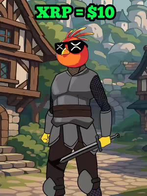 An animated bird-like character with sunglasses and a sword stands in front of a stylized medieval town backdrop. The text overlay reads 'XRP = $10'.