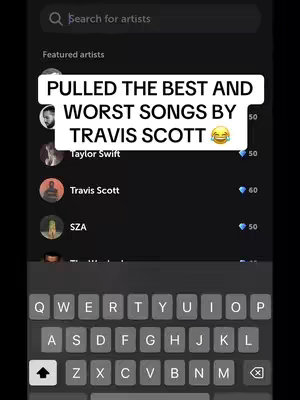 The cover image showcases a mobile phone screen displaying a search result for Travis Scott songs within a music streaming app. A text overlay announces the video's content: the best and worst songs by Travis Scott.