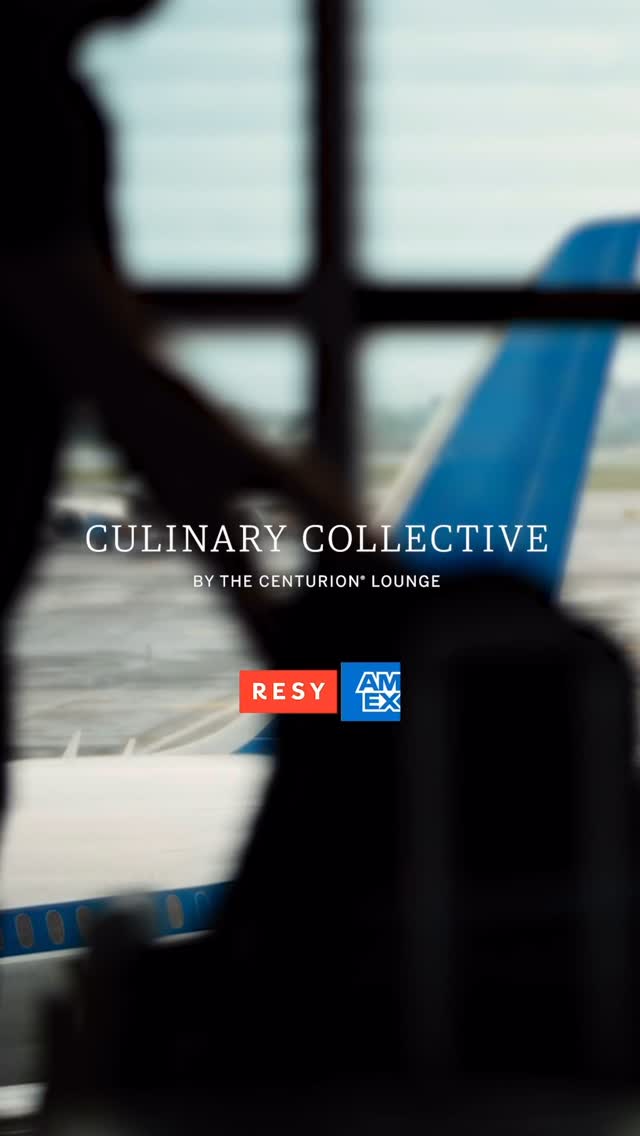The image features a view through a window with a partial silhouette of a person in the foreground. In the blurred background is a blue-and-white airplane wing. The central text overlay reads "CULINARY COLLECTIVE" and "BY THE CENTURION® LOUNGE." Below are the logos for RESY and AM EX.