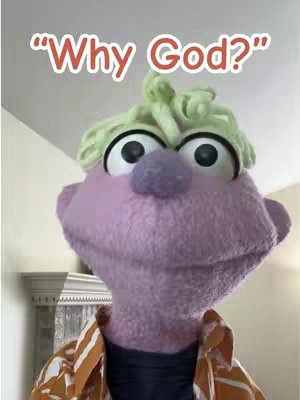 The cover image features a close-up of a puppet with a large, softly textured face and oversized, wide-open eyes. The puppet is predominantly pink with a small, round, purple nose and green, textured hair-like features. The puppet is also wearing a striped shirt with an orange and white pattern and black shirt underneath. Above , the text overlay in a red and white font  reads "Why God?". The background is a simple, light-colored wall with the corner of what appears to be a white fireplace and a small ledge. The lighting appears soft and diffused, casting few harsh shadows.