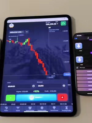 An overhead shot featuring a tablet and a phone side-by-side, displaying the interface of a trading platform. The tablet shows a chart with red and green lines, indicating market fluctuations, and interface elements showing trading options and financial metrics. The phone's screen displays a matching app interface with additional options. The background is a light-colored surface, and the composition is well-lit, emphasizing the digital displays.