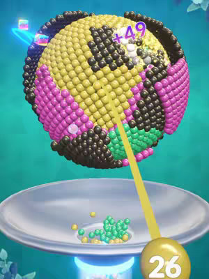 The cover image displays a 3D rendered scene of a ball sort game interface. A large sphere composed of numerous smaller, colored balls dominates the top half of the image. The sphere is segmented into different colored sections, with some areas holding different colors. A yellow beam extends from the side of the sphere to a number 26 displayed on a yellow ball in the lower right corner and a collection of green balls resting within a shiny, metal-like bowl, the spheres are positioned above a light blue base. The background is a simple teal color, enhancing the vibrant colours of the balls.