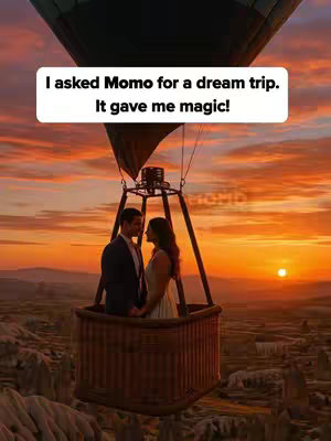 The image captures a romantic moment in a hot air balloon at sunset. Silhouetted against the vibrant, fiery sky are a couple in the basket, holding hands and facing each other. The balloon is dark, and the setting sun casts an orange glow, creating a warm and dreamy atmosphere. Below, a rocky landscape is visible, adding depth to the scene.