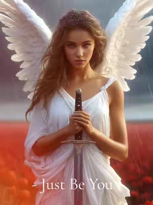 A woman with long brown hair and angelic wings holds a sword. She wears a white dress and stands in front of a blurred red and green background. Text overlays at the bottom reads "- Just Be You".