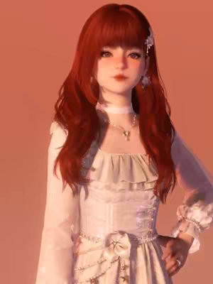 The image is a digital illustration of a young woman with long, wavy red hair and a soft, doll-like aesthetic. The woman has fair skin, delicate facial features, and slightly blushed cheeks. She has a white choker, a necklace with a pendant, and a white dress with ruffled details and long sleeves. The background is a soft, warm peach color, and the lighting is soft and even, suggesting a studio setting or a time of day with diffused light, such as sunset.