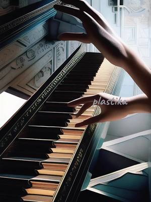 An artistic image presents the top of a piano keyboard ascending at an angle, with a pair of hands playing. The hands are positioned above the keys.