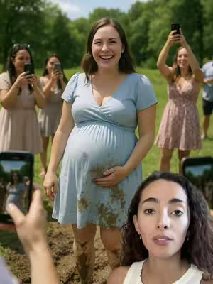 A pregnant woman, the main focus, stands in muddy ground and smiles broadly. Other people are behind her taking pictures with their phones. Another person is in the bottom right, also holding a phone and filming.