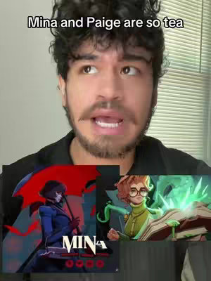 A man with a mustache and curly hair looks directly at the camera. Above him in the top center is white text that says, "Mina and Paige are so tea". Below him are two images side by side. The image on the left shows a character holding a large red umbrella in a deep blue outfit. The text "MINA" is displayed in a cursive font at the bottom of the image. The image on the right shows a character with glasses holding an open book, with a flowing green design in the background.