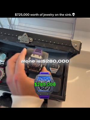 A person's hand presenting a case with luxury watches. The hook text at the top says '$725,000 worth of jewelry on the sink'. The foreground shows a close up of a watch with the graphic '$280,000'.