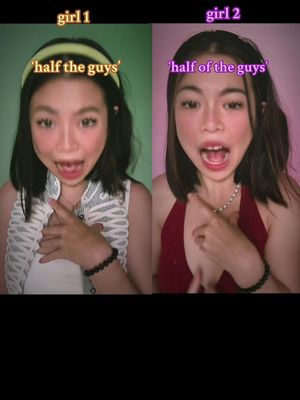 A split-screen image featuring two young women, each with their head and upper body visible, positioned in two separate frames. The women are looking directly at the camera with an expression of open-mouthed surprise, pointing at themselves. The left side featuring a green backdrop while the right side has a light pink background. Both women have the same text overlay above their heads; the design and layout are symmetrical on both sides. The overall color scheme is vibrant.