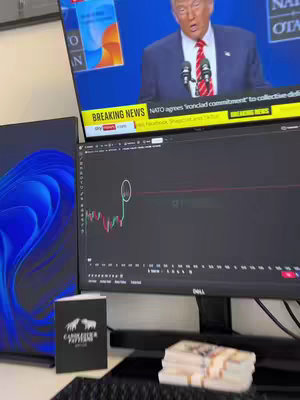 A desktop setup with dual monitors displaying a stock chart and a news program featuring Donald Trump. Cash is on the table. A black box with a white logo is placed at the bottom of the screen.